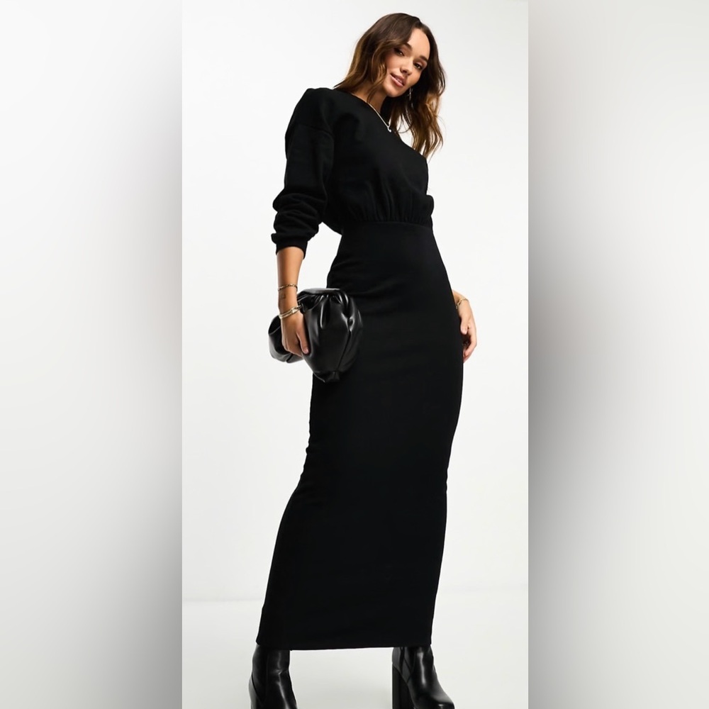 ASOS DESIGN crew neck blouson sleeve ribbed maxi dress in black